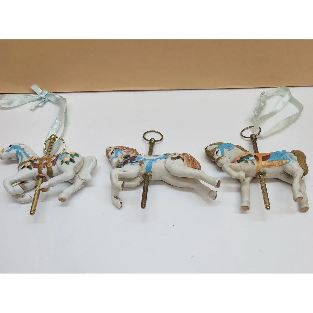 Vintage Ceramic Carousel Horse Ornaments Set of 3 Hand Painted Pastel Gold 4in